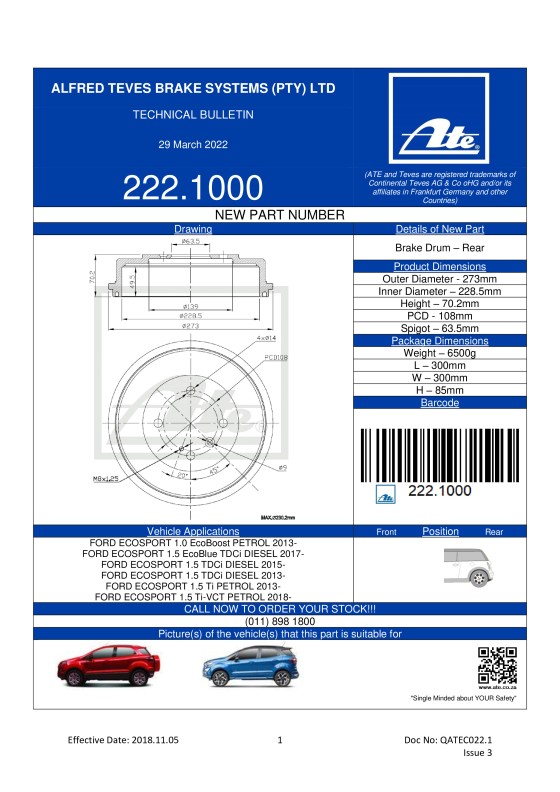 222.1000 NEW! Brake Drum for Ford Ecosport featured image